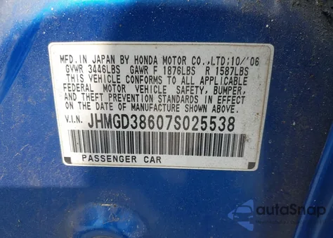 2007 Honda Fit Sport z USA, uszkodzony, nr VIN JHMGD38607S025538